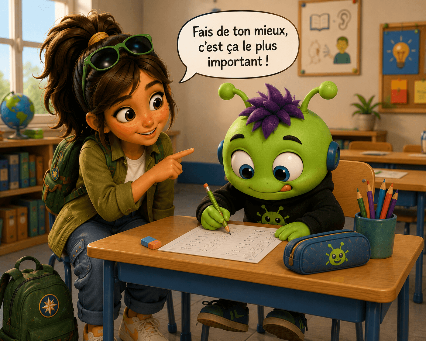 Nova encourage Bug qui travaille à son pupitre : « Fais de ton mieux, c’est ça le plus important ! »