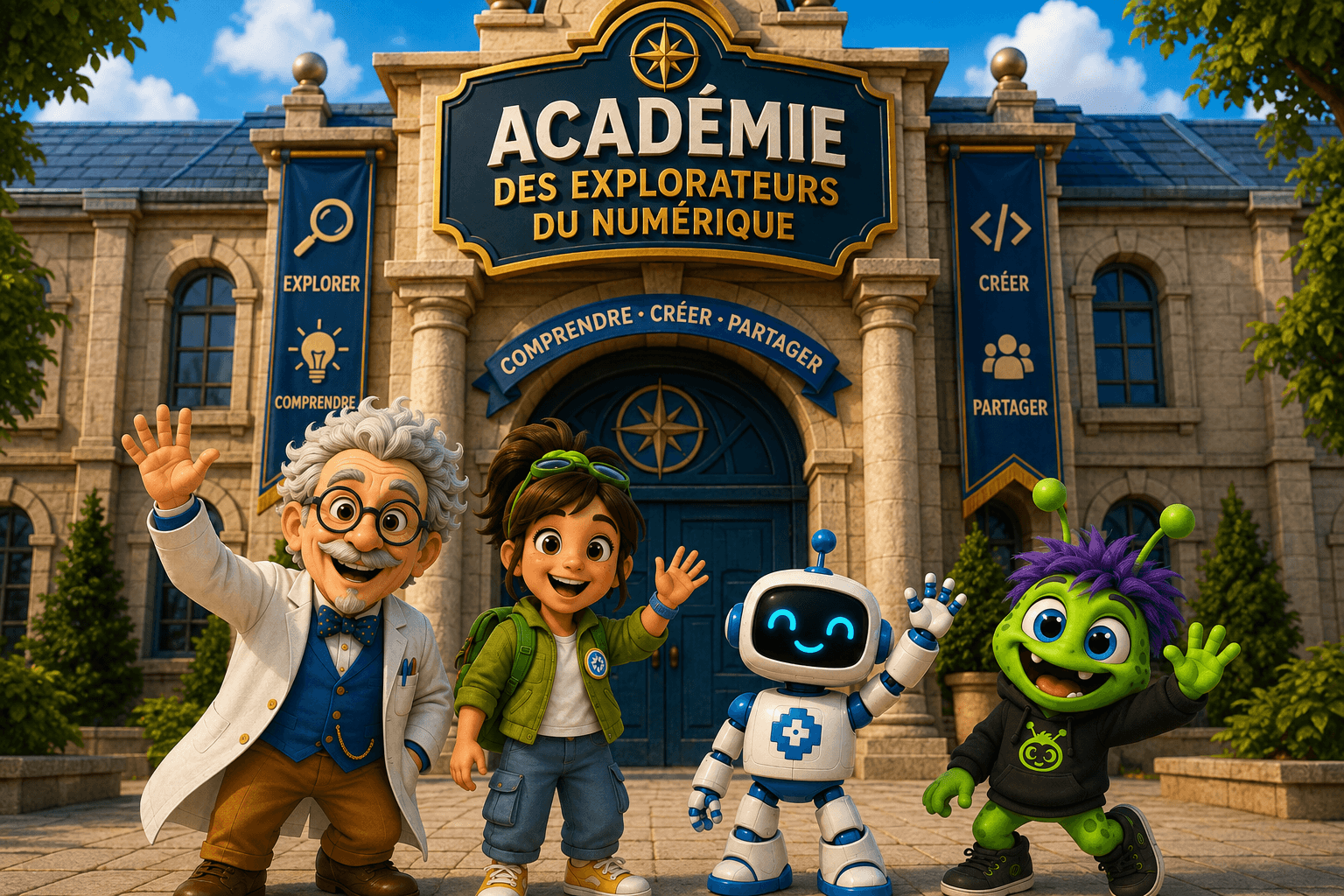 Le Professeur Pixel, Nova, Byte et Bug saluent devant l’Académie des Explorateurs du Numérique