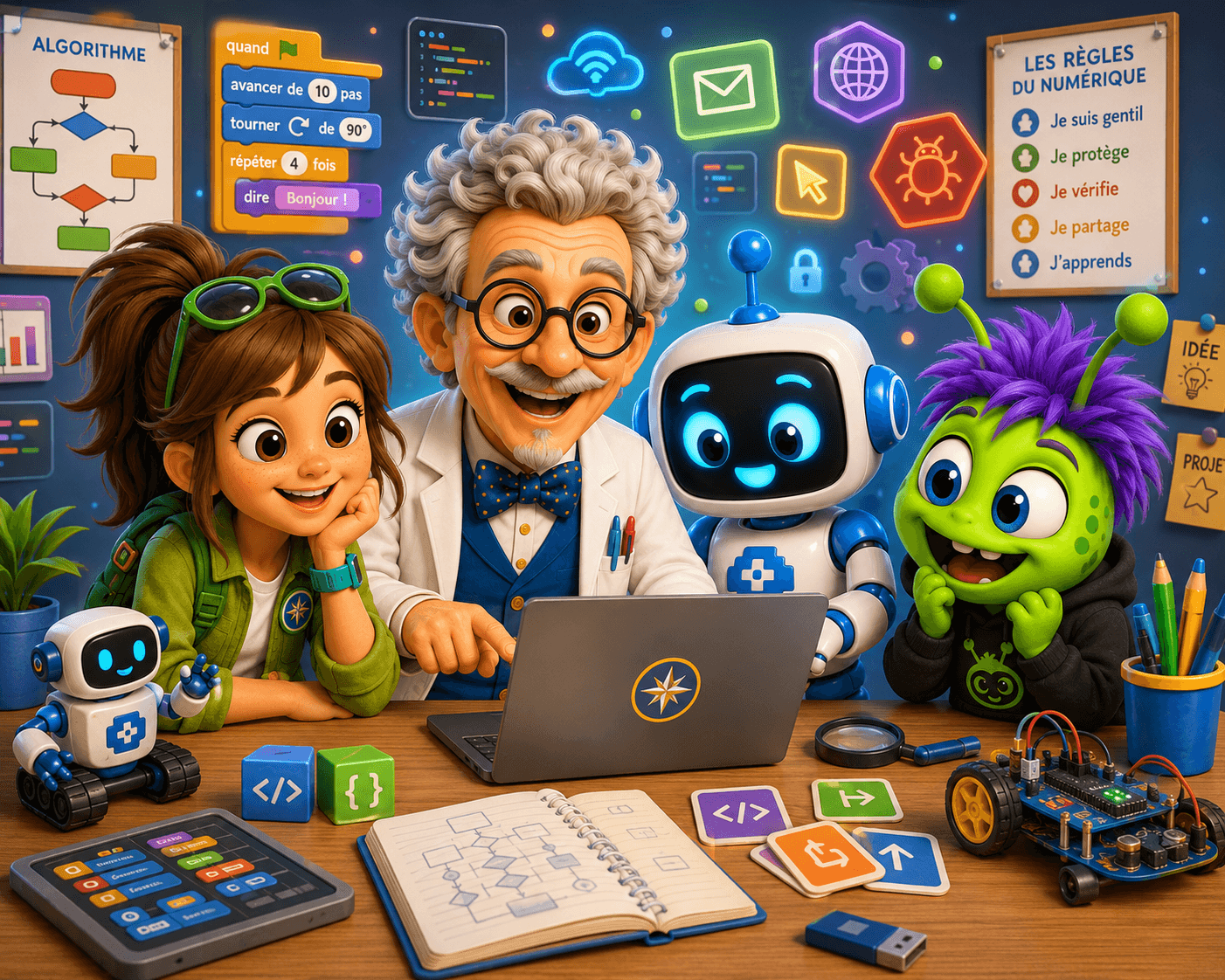 Le Professeur Pixel, Nova, Byte et Bug découvrent le numérique autour d’un ordinateur