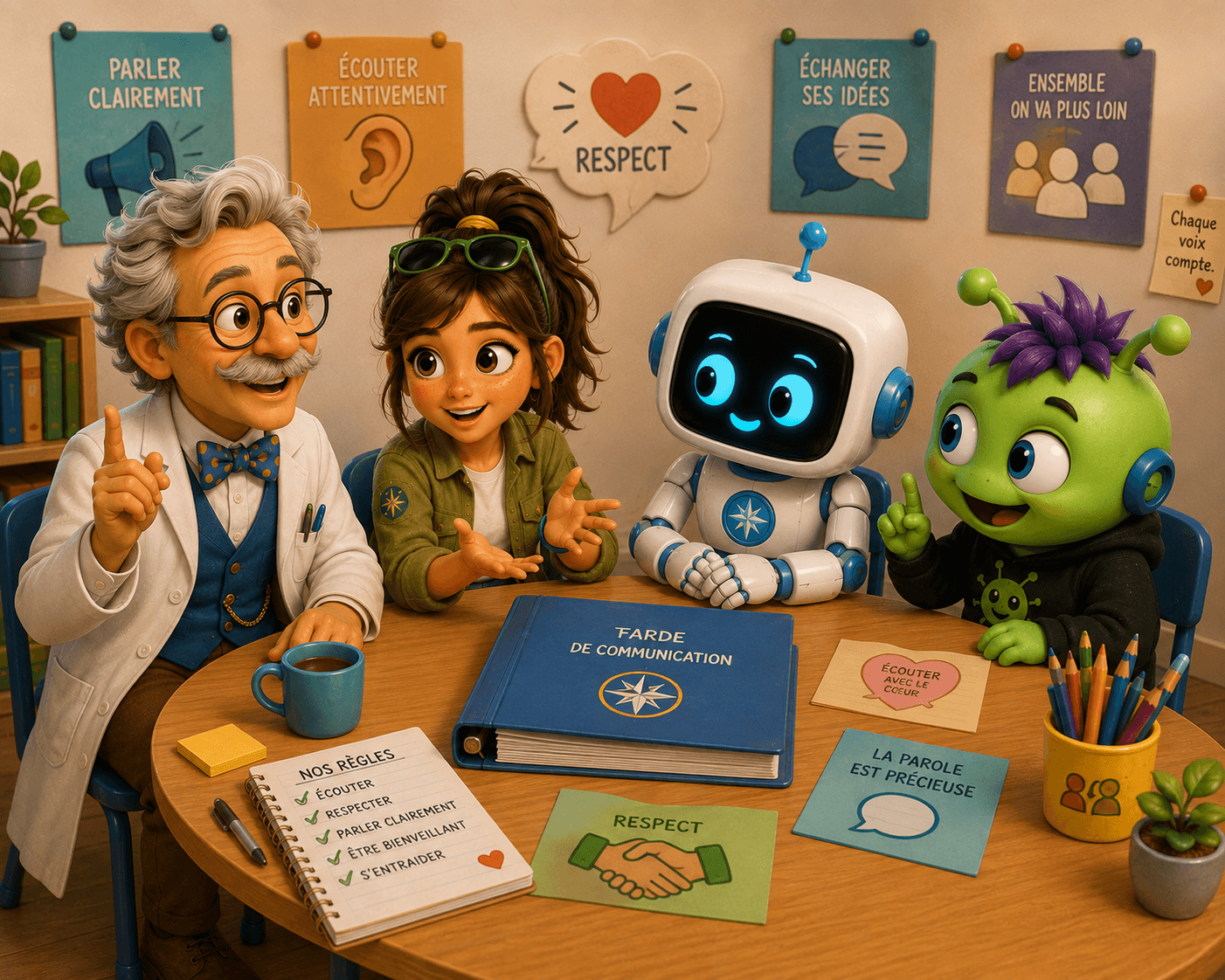 Le Professeur Pixel, Nova, Byte et Bug échangent leurs idées autour d’une table