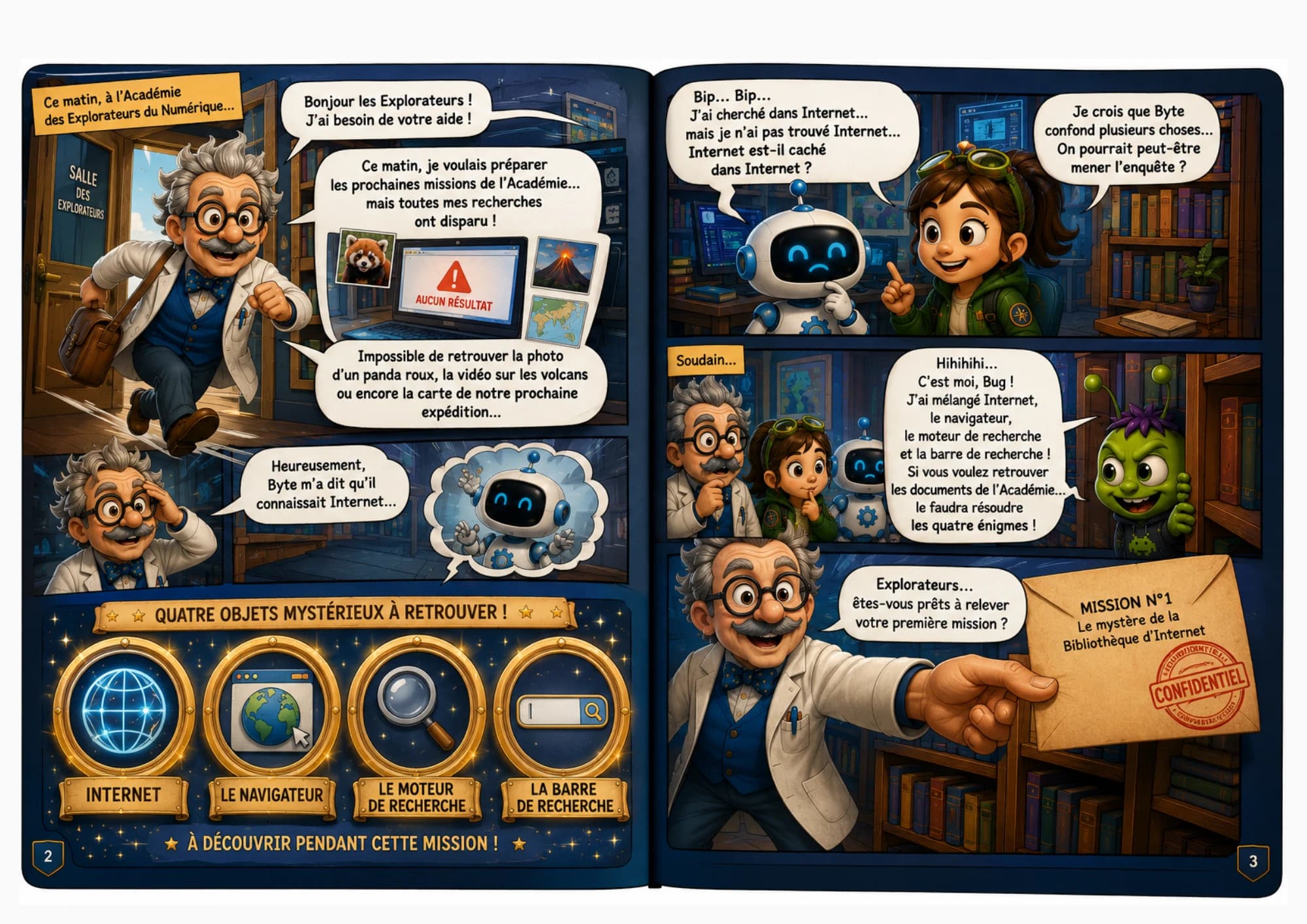BD d’ouverture, page 2 : le Professeur Pixel accourt, ses recherches ont disparu, et Byte connaît Internet. Quatre objets mystérieux sont à retrouver : Internet, le navigateur, le moteur de recherche et la barre de recherche.
