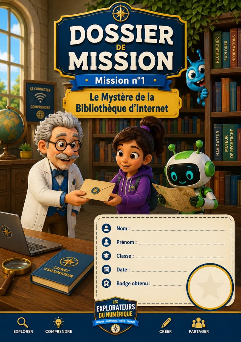 Couverture du dossier de mission n° 1, « Le Mystère de la Bibliothèque d’Internet » : le Professeur Pixel remet une enveloppe à Nova, sous le regard de Byte et de Bug