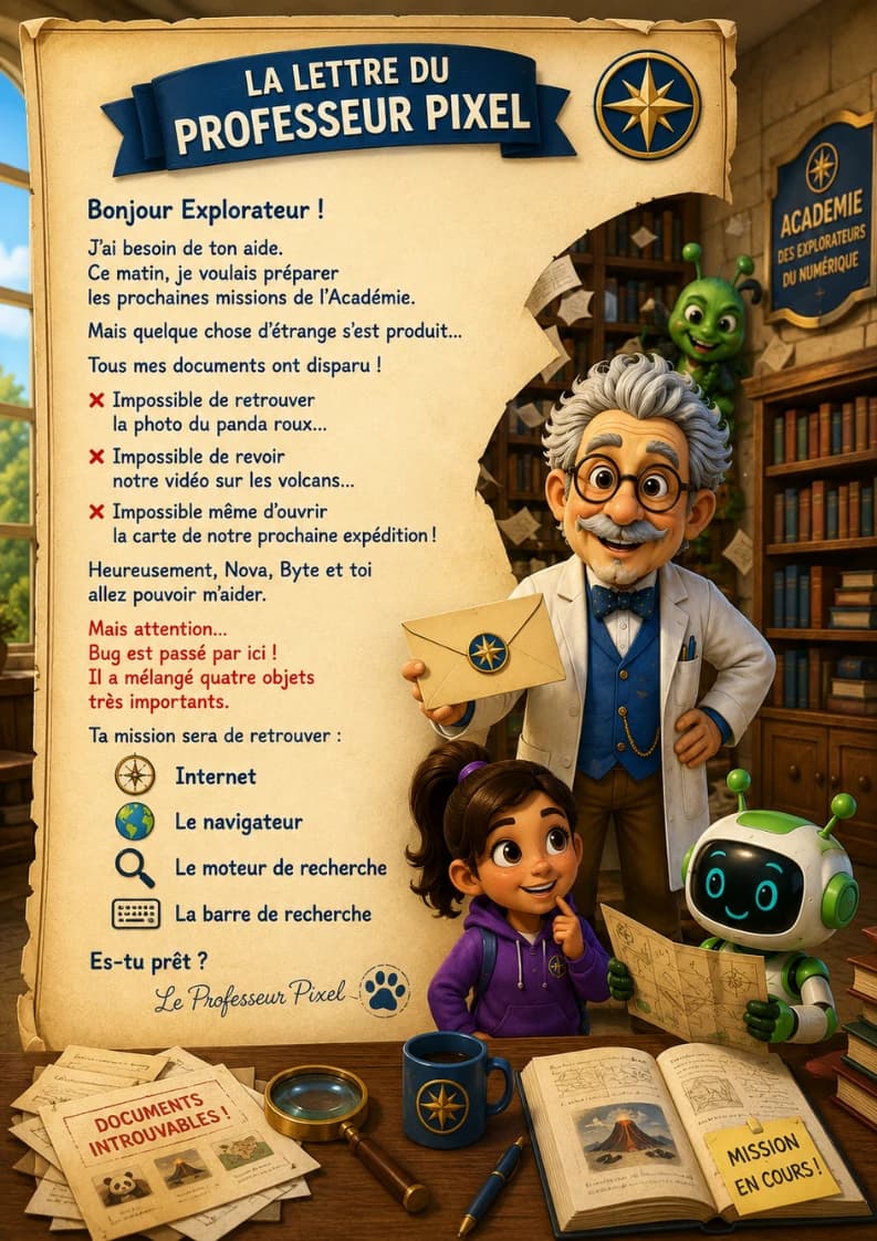 La lettre du Professeur Pixel : tous ses documents ont disparu, Bug a mélangé quatre objets très importants, et la mission est de retrouver Internet, le navigateur, le moteur de recherche et la barre de recherche