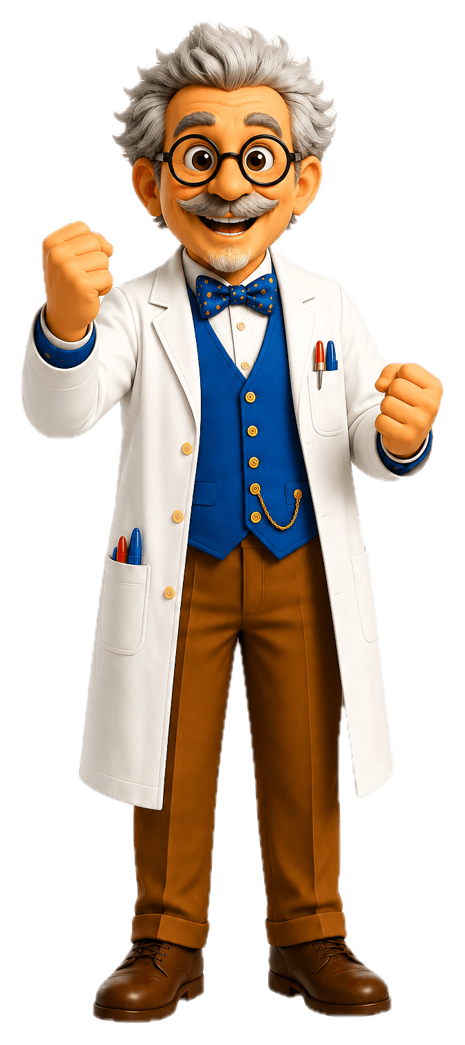Le Professeur Pixel encourage, le poing levé
