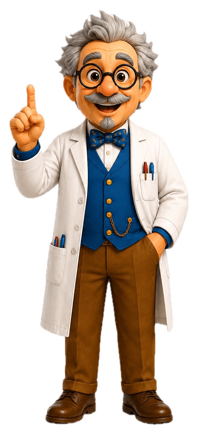 Le Professeur Pixel, index levé, explique la méthode