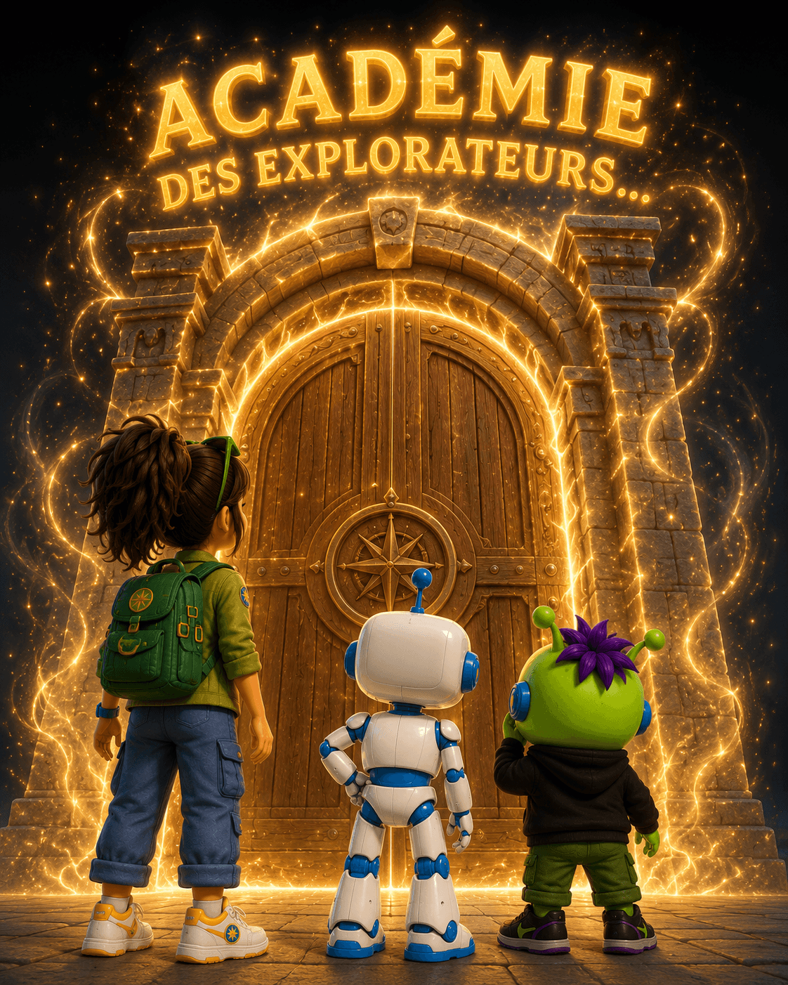 Nova, Byte et Bug devant les portes lumineuses de l’Académie des Explorateurs